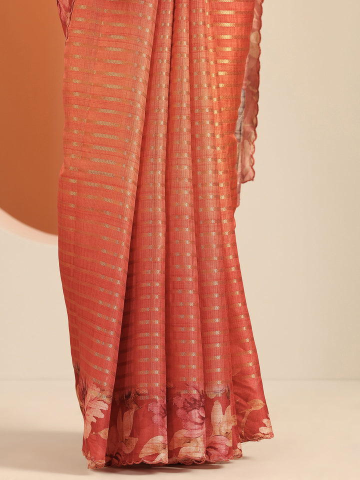 Orange Printed Silk Blend Saree With Unstitched Blouse Piece