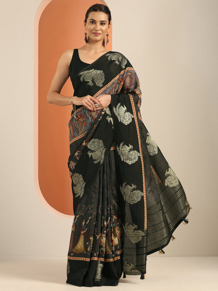 Black Printed Silk Blend Saree With Unstitched Blouse Piece