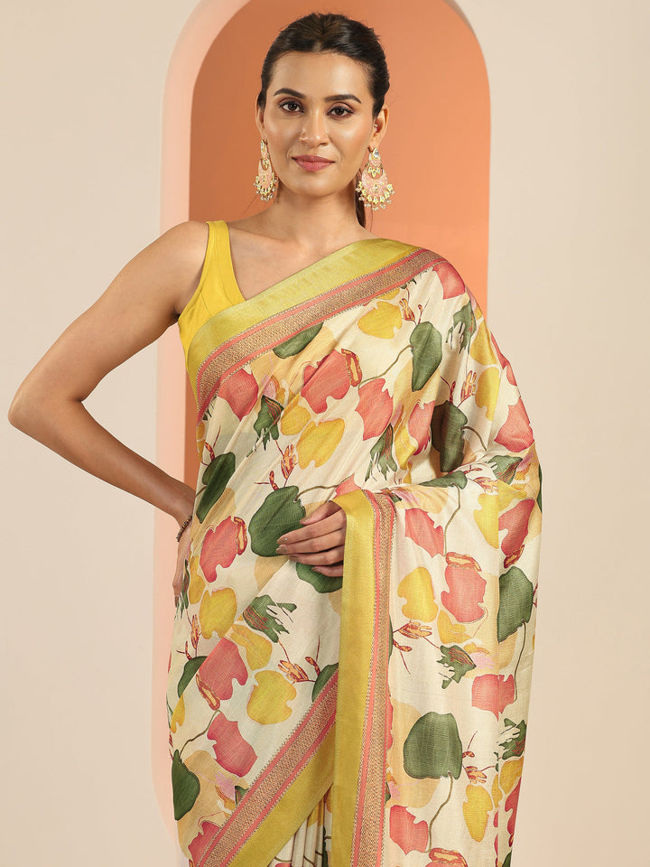 Off white Printed Silk Blend Saree With Unstitched Blouse Piece
