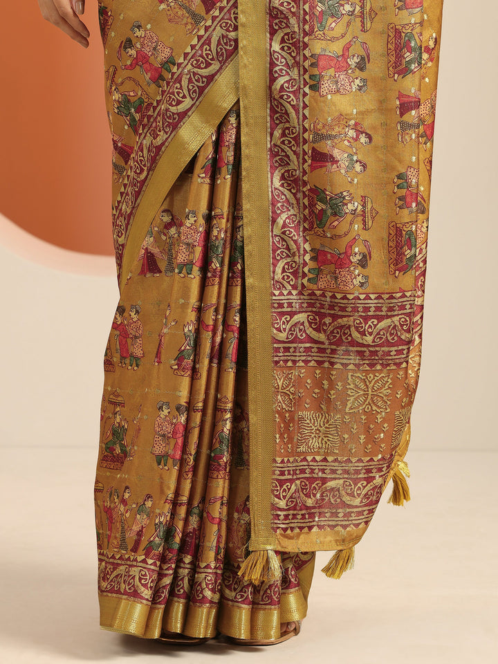 Mustard Printed Silk Blend Saree With Unstitched Blouse Piece
