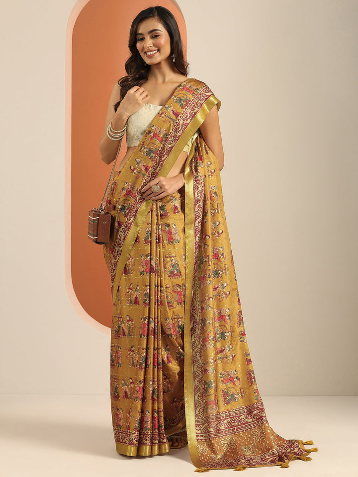 Mustard Printed Silk Blend Saree With Unstitched Blouse Piece