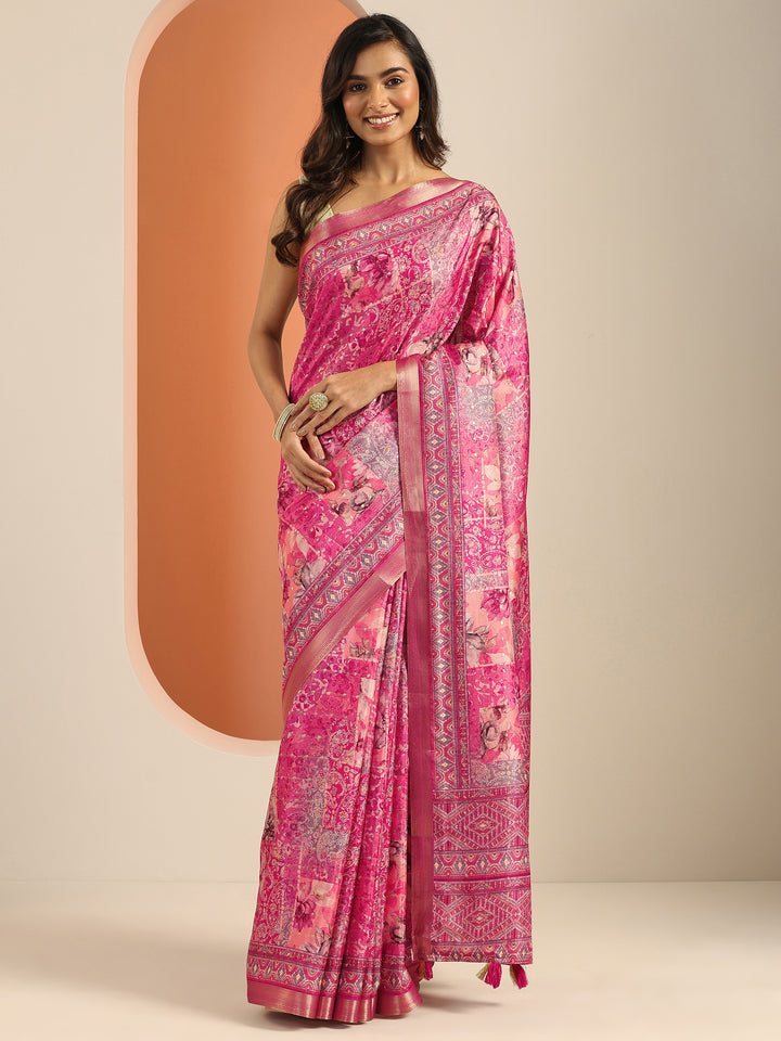Pink Printed Silk Blend Saree With Unstitched Blouse Piece