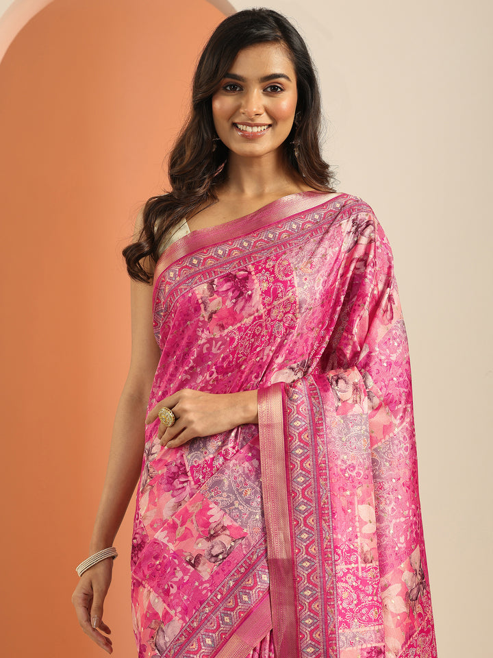 Pink Printed Silk Blend Saree With Unstitched Blouse Piece