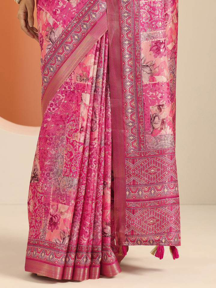 Pink Printed Silk Blend Saree With Unstitched Blouse Piece