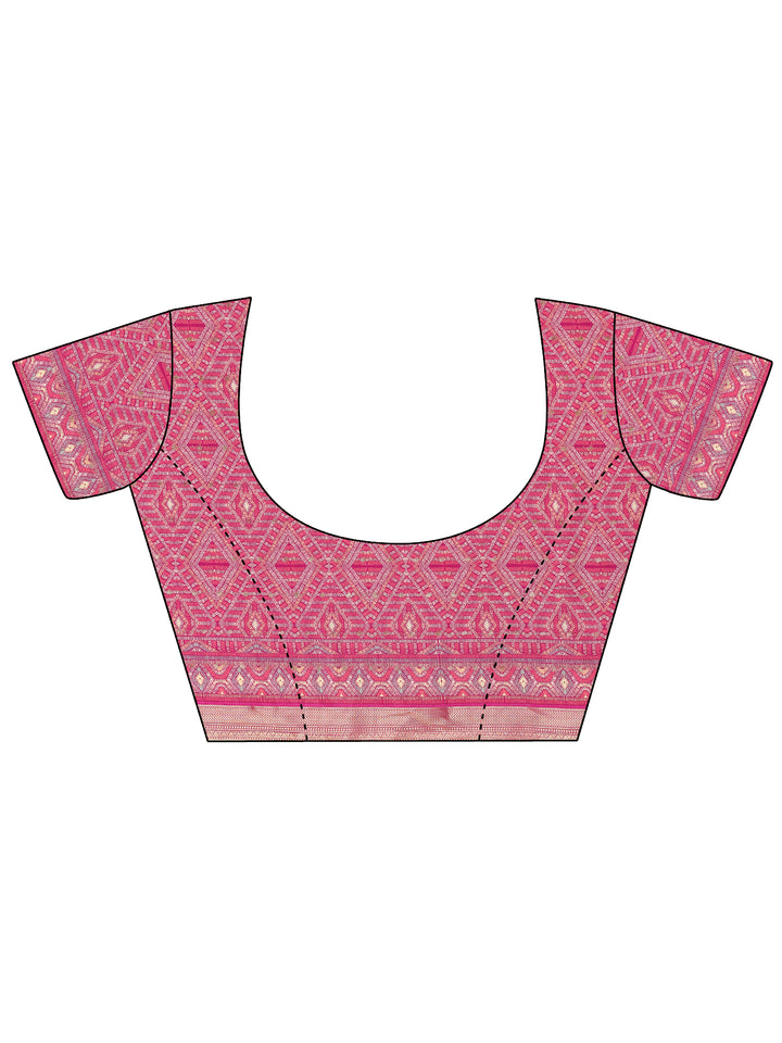 Pink Printed Silk Blend Saree With Unstitched Blouse Piece