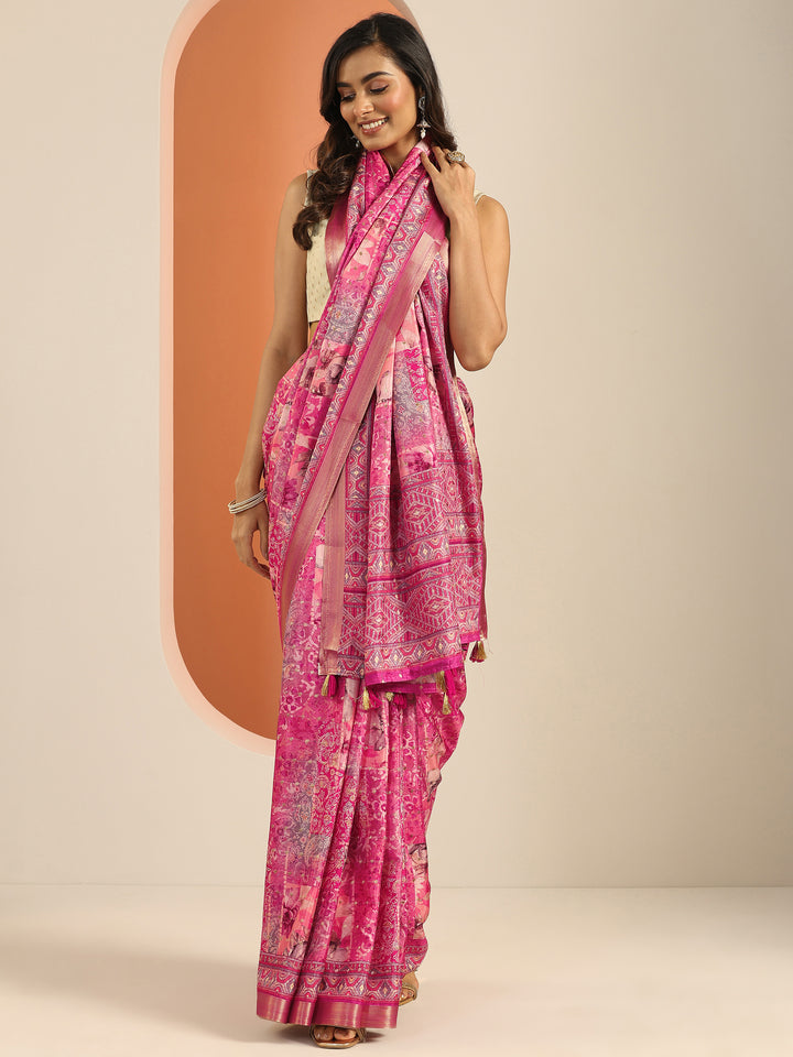 Pink Printed Silk Blend Saree With Unstitched Blouse Piece