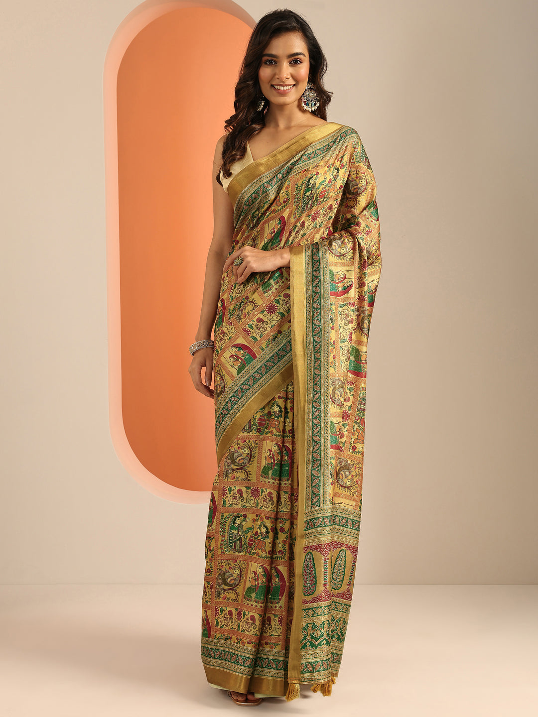 Mustard Kalamkari Printed Silk Blend Saree With Unstitched Blouse Piece