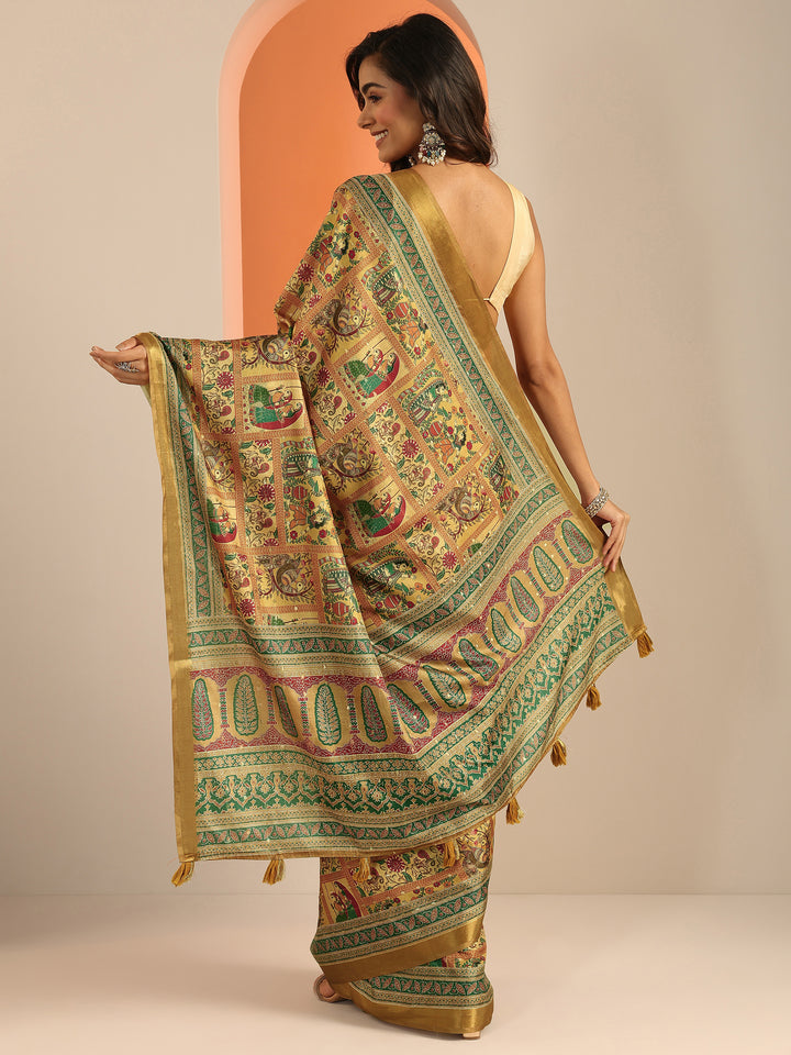 Mustard Kalamkari Printed Silk Blend Saree With Unstitched Blouse Piece