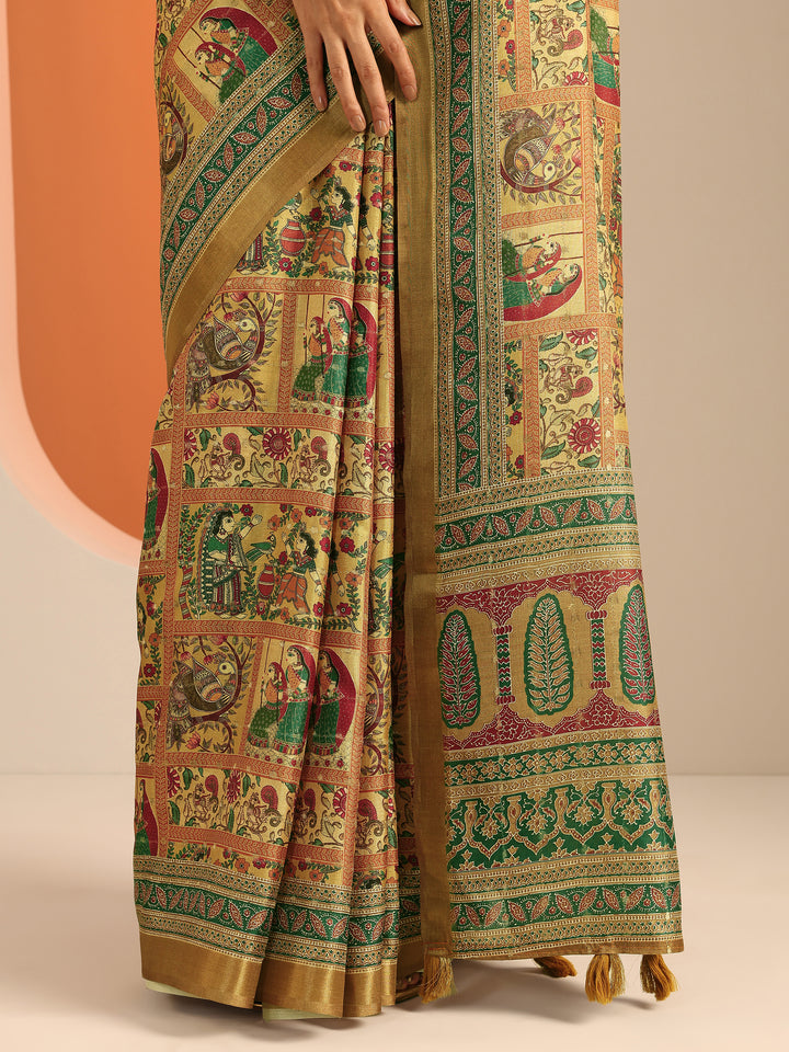Mustard Kalamkari Printed Silk Blend Saree With Unstitched Blouse Piece