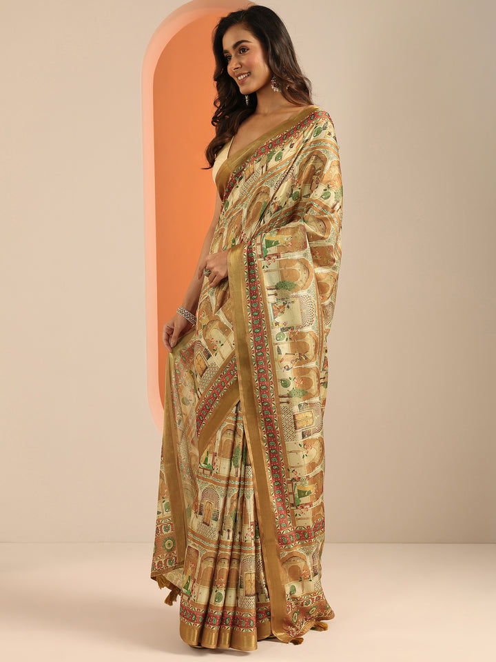 Mustard Printed Silk Blend Saree With Unstitched Blouse Piece