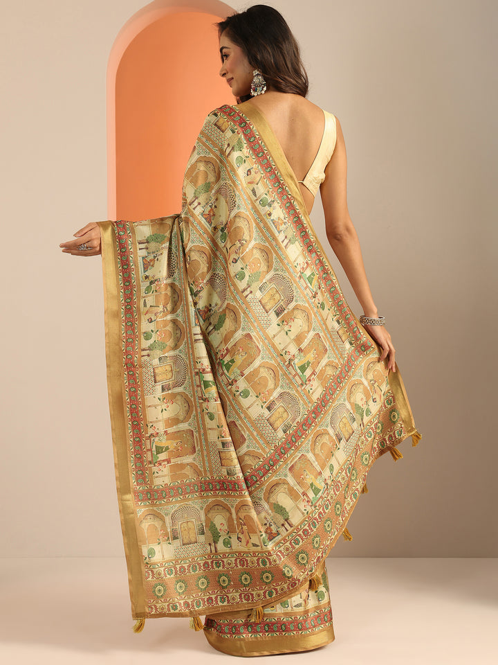 Mustard Printed Silk Blend Saree With Unstitched Blouse Piece