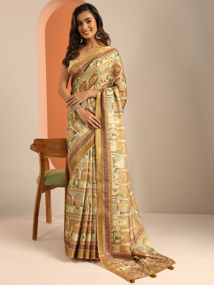 Mustard Printed Silk Blend Saree With Unstitched Blouse Piece