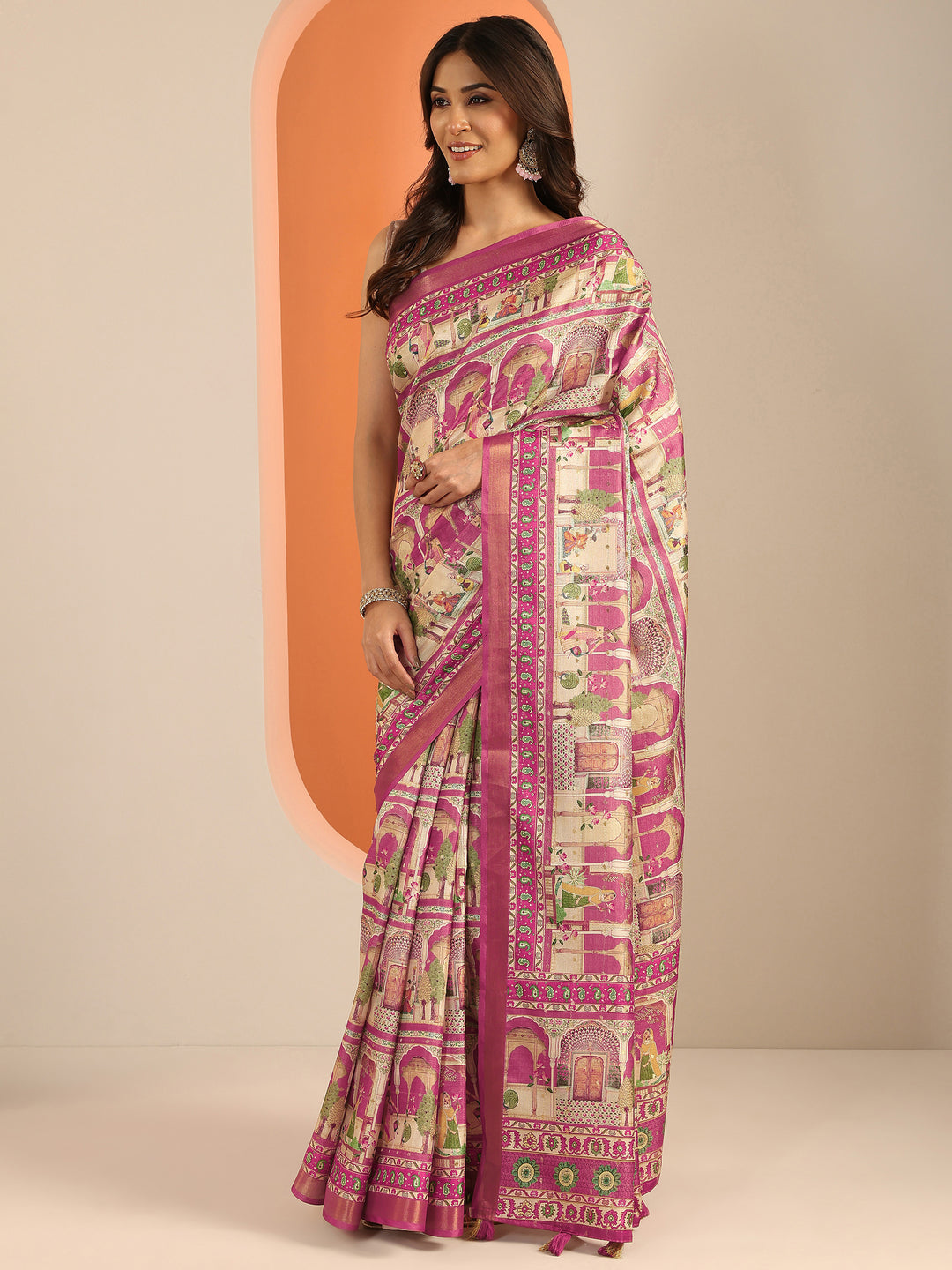 Pink Kalamkari Printed Silk Blend Saree With Unstitched Blouse Piece