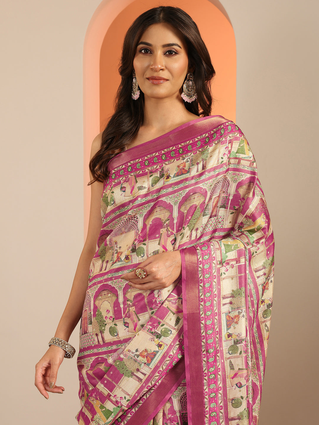 Pink Kalamkari Printed Silk Blend Saree With Unstitched Blouse Piece