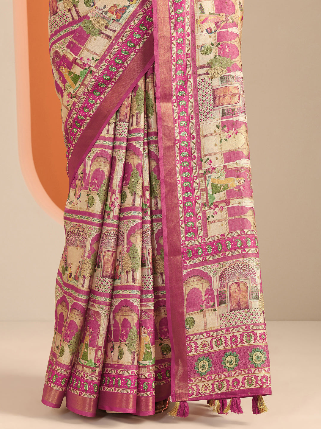 Pink Kalamkari Printed Silk Blend Saree With Unstitched Blouse Piece