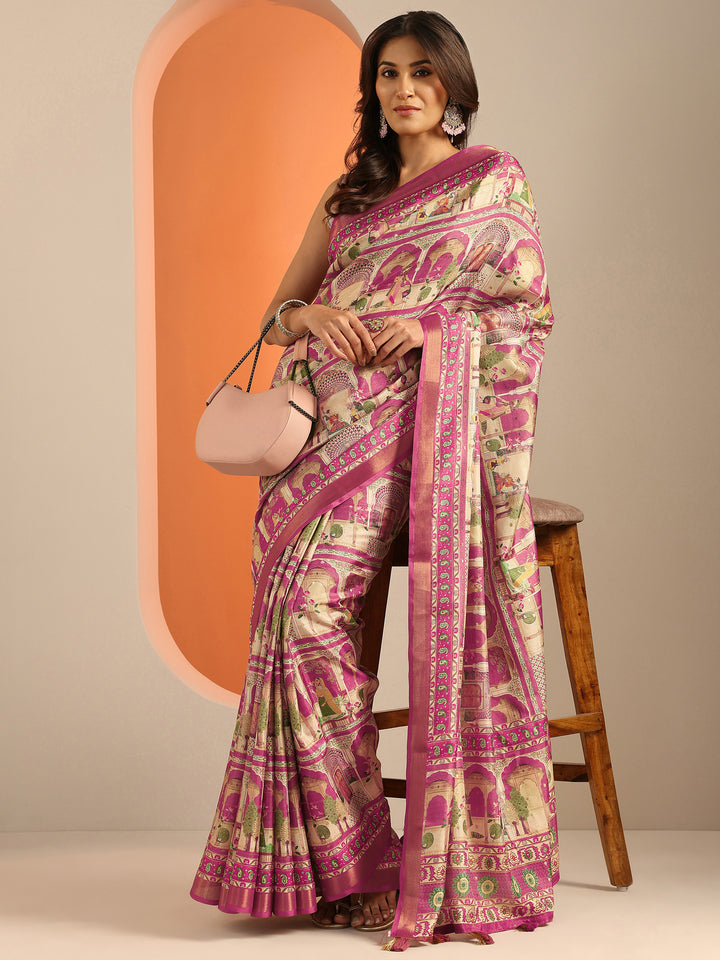 Pink Kalamkari Printed Silk Blend Saree With Unstitched Blouse Piece