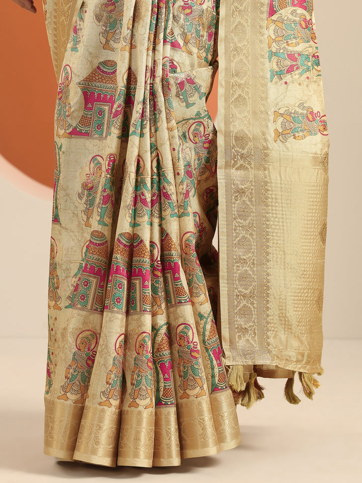 Beige Kalamkari Printed Silk Blend Saree With Unstitched Blouse Piece