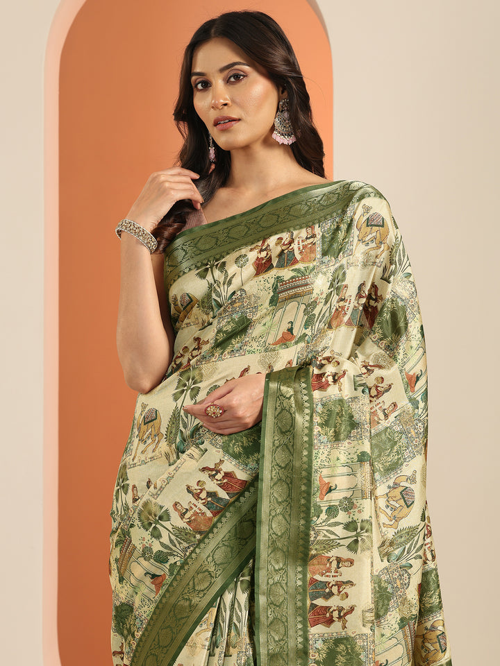 Green Printed Silk Blend Saree With Unstitched Blouse Piece