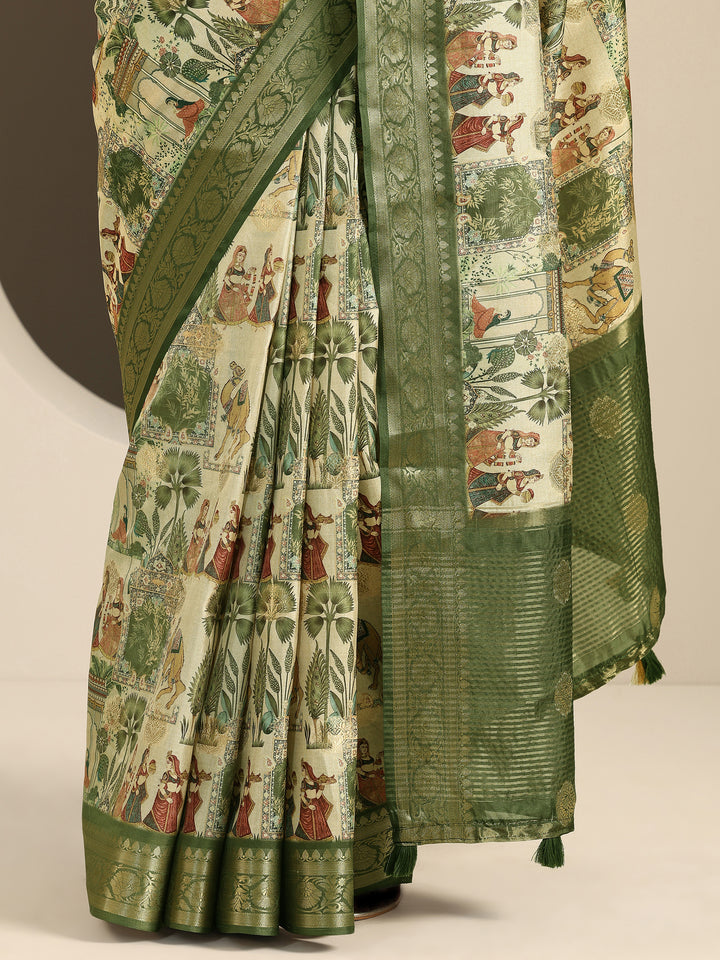 Green Printed Silk Blend Saree With Unstitched Blouse Piece