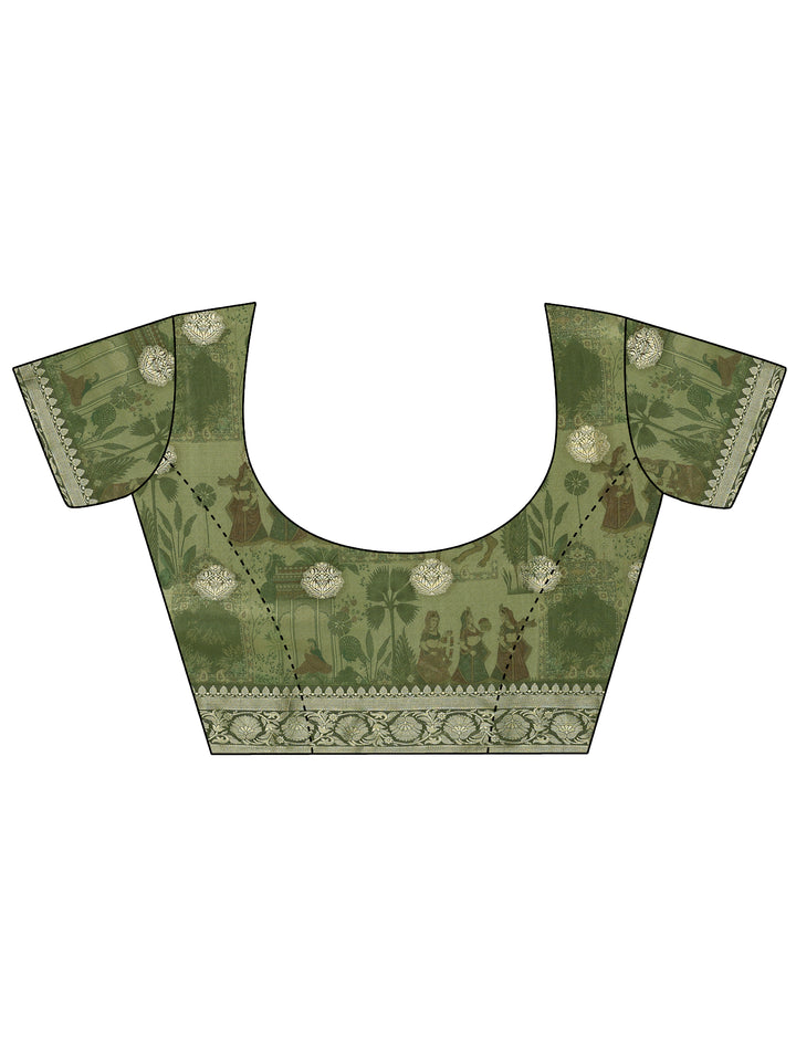 Green Printed Silk Blend Saree With Unstitched Blouse Piece