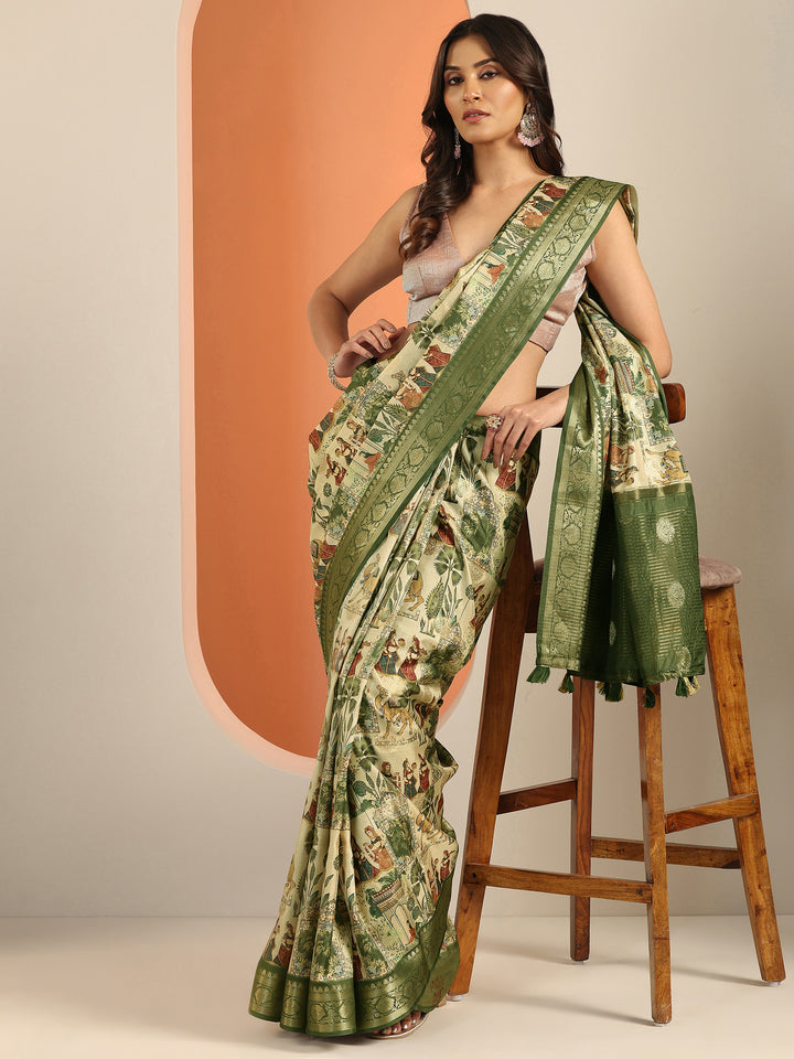 Green Printed Silk Blend Saree With Unstitched Blouse Piece
