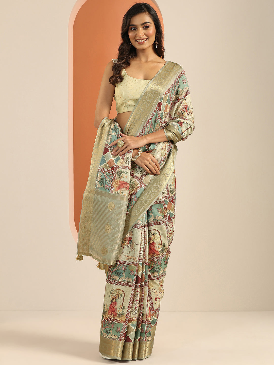Multi Kalamkari Printed Silk Blend Saree With Unstitched Blouse Piece