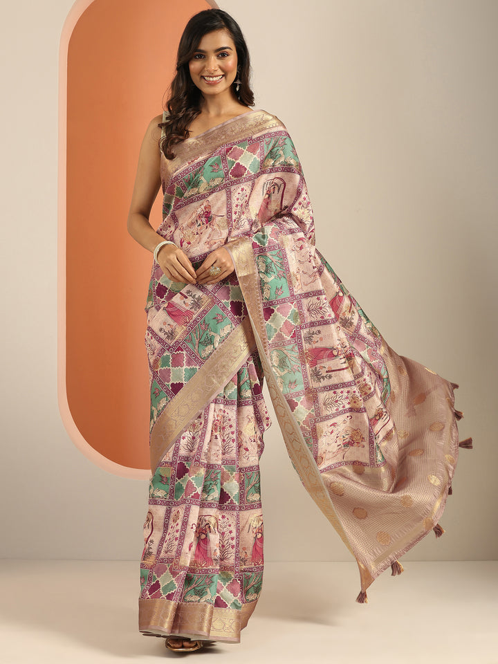 Multi Kalamkari Printed Silk Blend Saree With Unstitched Blouse Piece