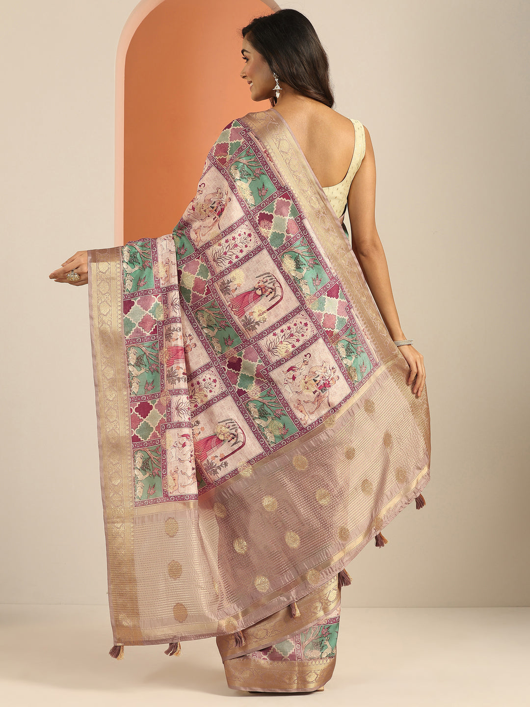 Multi Kalamkari Printed Silk Blend Saree With Unstitched Blouse Piece