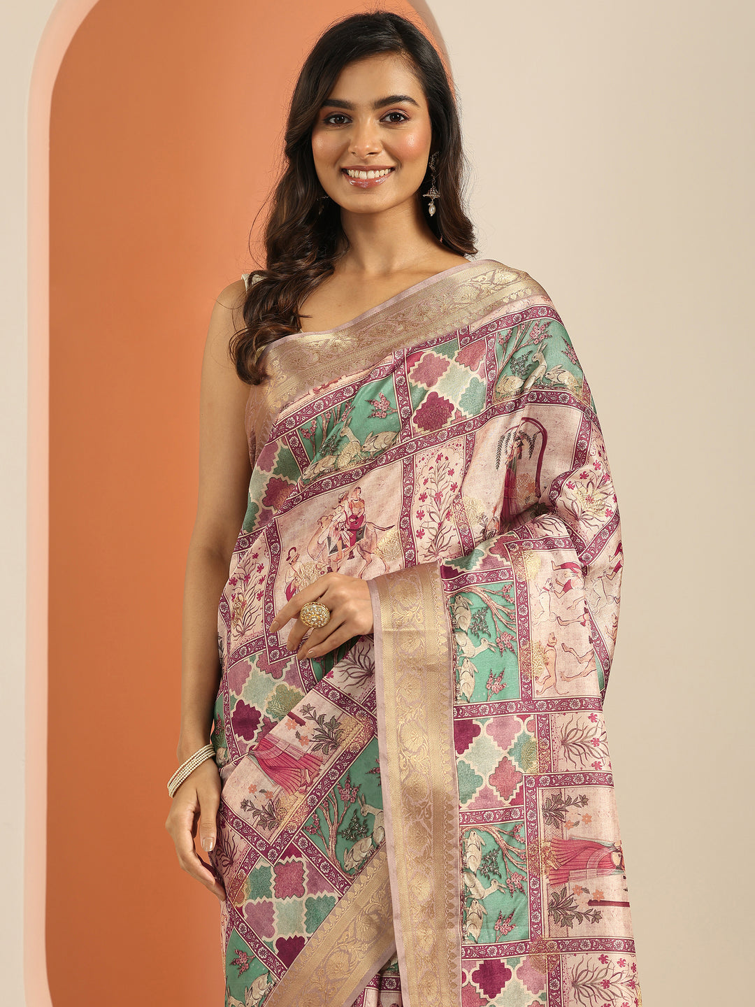 Multi Kalamkari Printed Silk Blend Saree With Unstitched Blouse Piece
