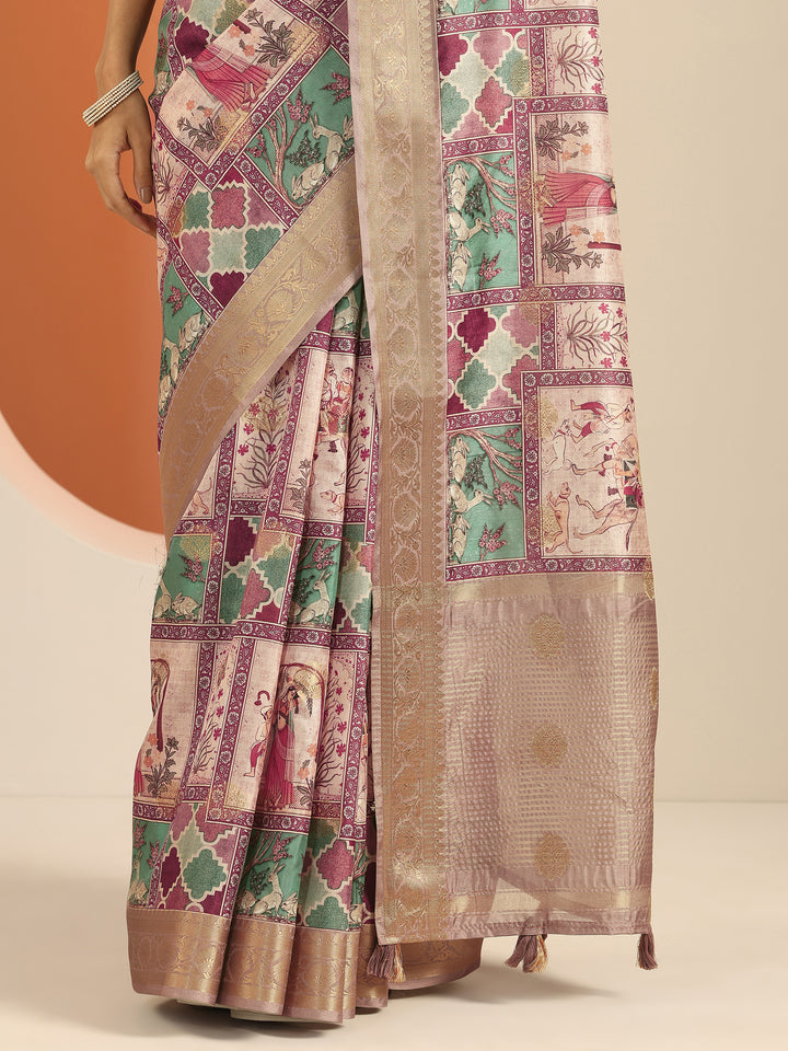 Multi Kalamkari Printed Silk Blend Saree With Unstitched Blouse Piece