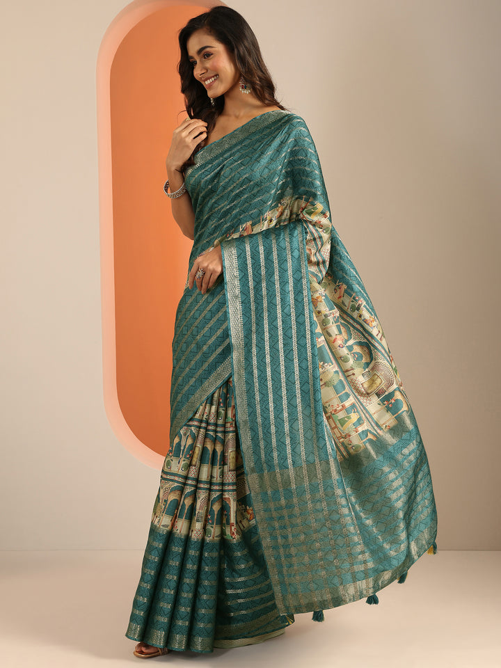 Teal Printed Silk Blend Saree With Unstitched Blouse Piece