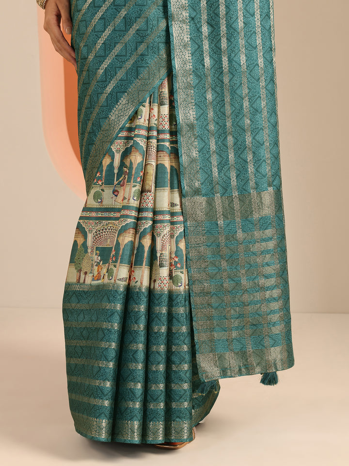 Teal Printed Silk Blend Saree With Unstitched Blouse Piece