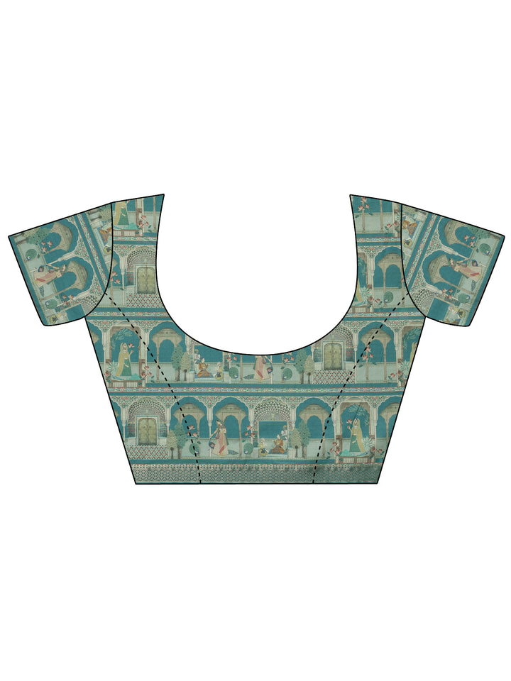 Teal Printed Silk Blend Saree With Unstitched Blouse Piece