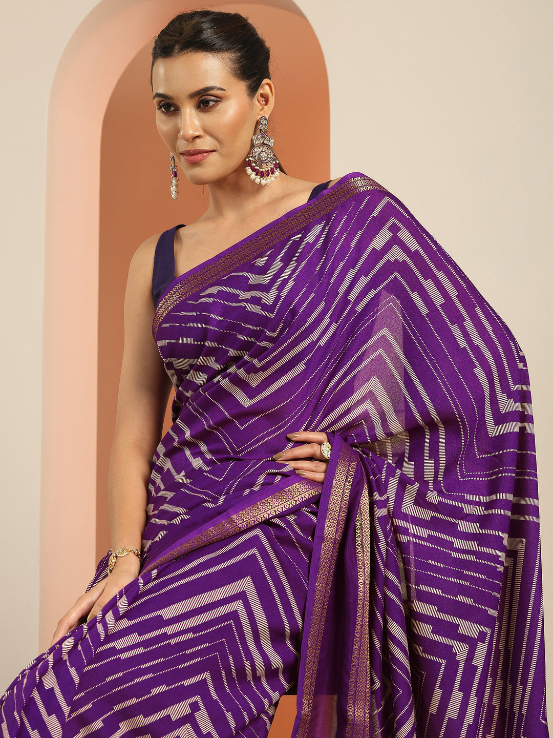 Purple Printed Georgette Saree With Unstitched Blouse Piece