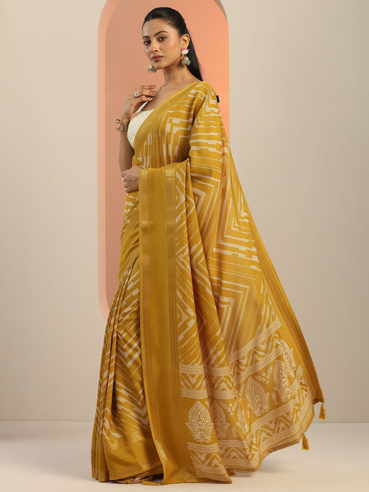 Mustard Printed Georgette Saree With Unstitched Blouse Piece