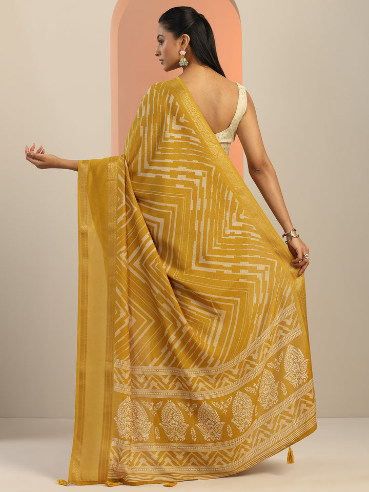 Mustard Printed Georgette Saree With Unstitched Blouse Piece