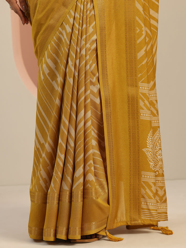 Mustard Printed Georgette Saree With Unstitched Blouse Piece