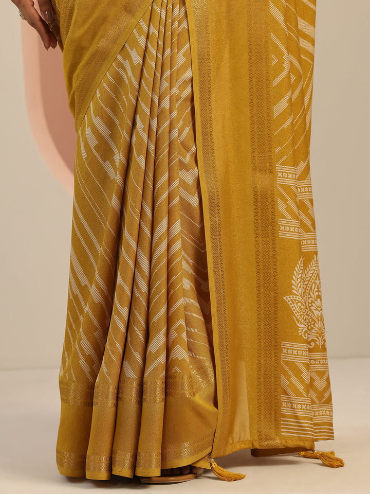 Mustard Printed Georgette Saree With Unstitched Blouse Piece
