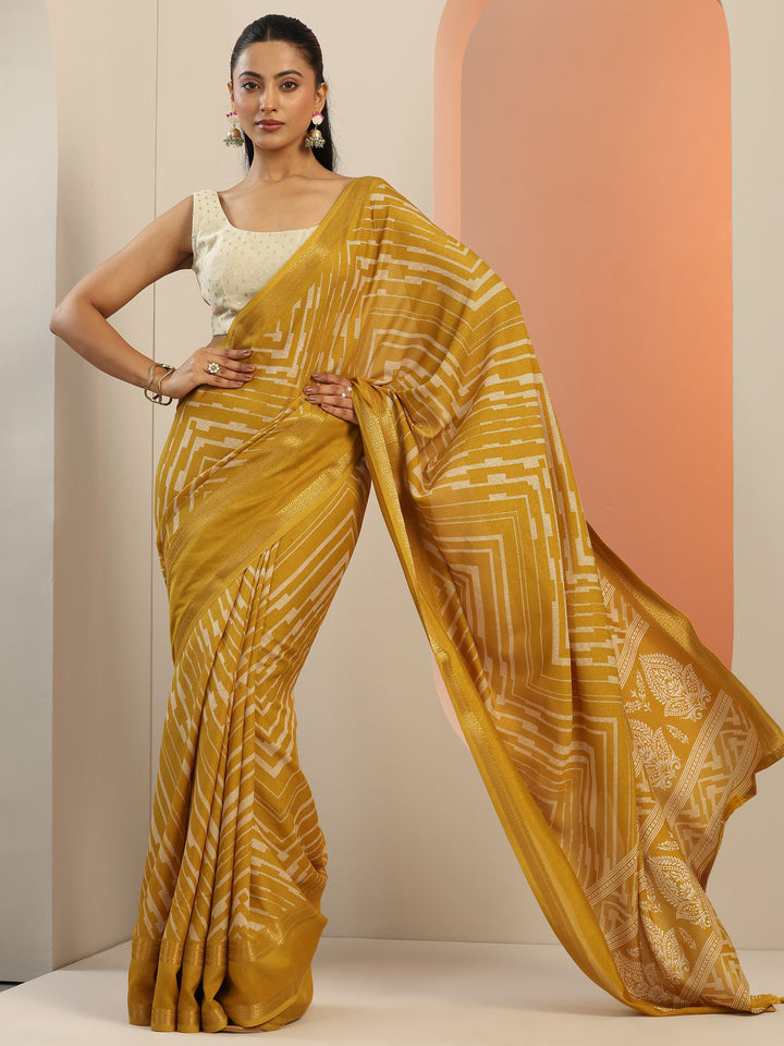 Mustard Printed Georgette Saree With Unstitched Blouse Piece