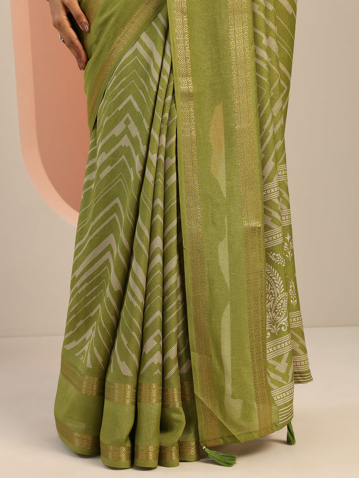 Green Printed Georgette Saree With Unstitched Blouse Piece