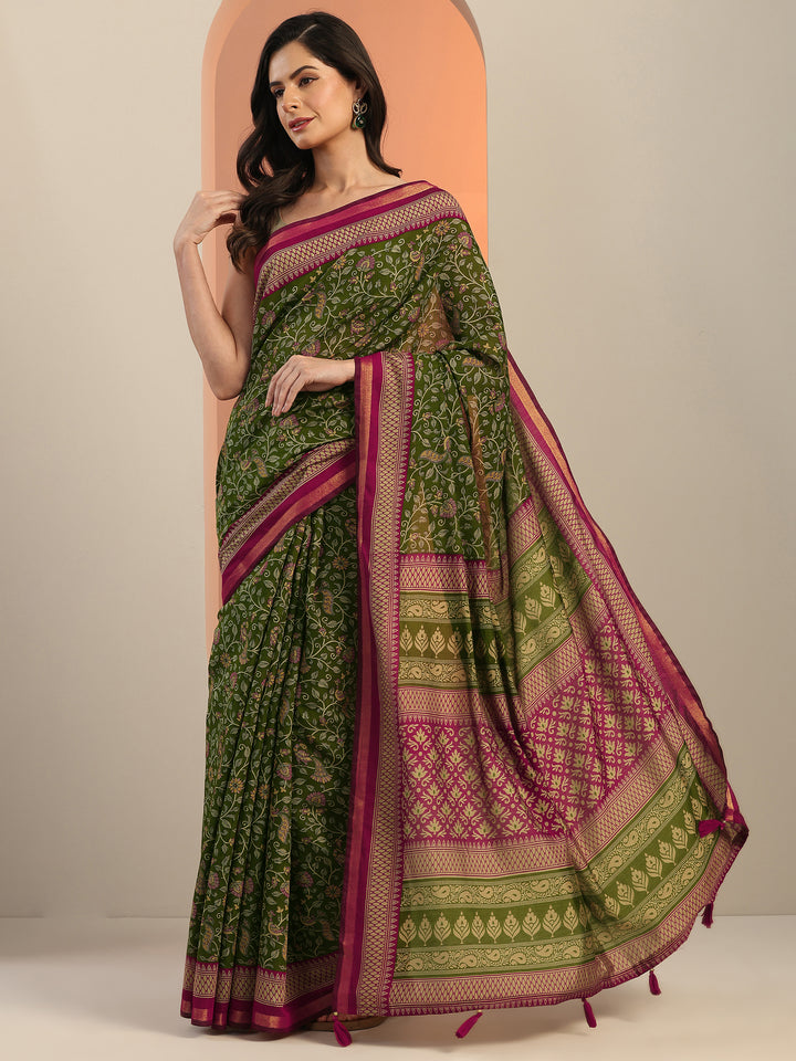 Green Printed Silk Blend Saree With Unstitched Blouse Piece