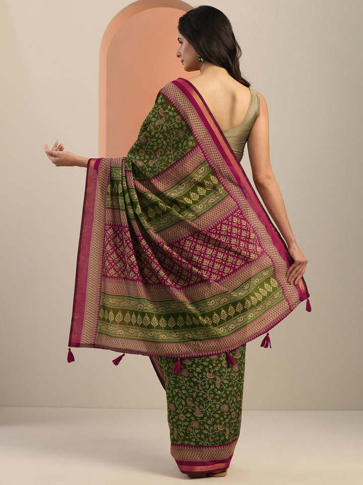 Green Printed Silk Blend Saree With Unstitched Blouse Piece