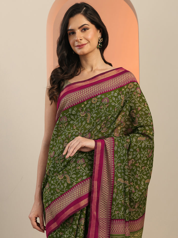 Green Printed Silk Blend Saree With Unstitched Blouse Piece