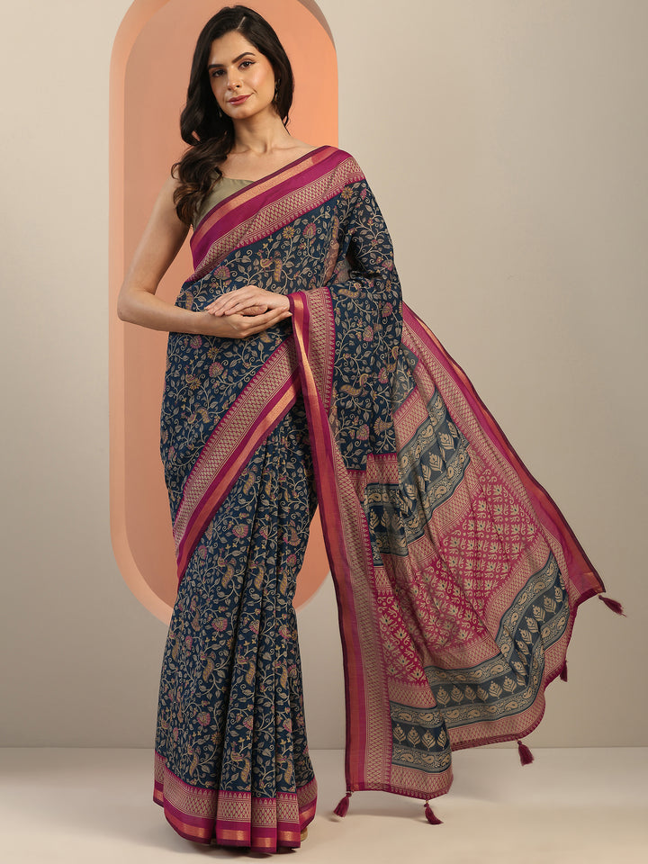 Teal Printed Silk Blend Saree With Unstitched Blouse Piece