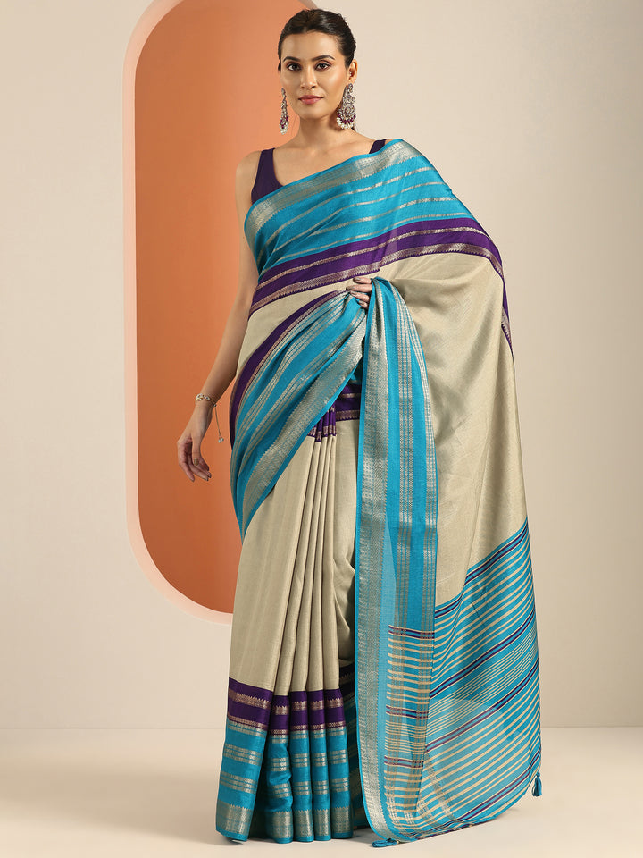 Beige Printed Silk Blend Saree With Unstitched Blouse Piece