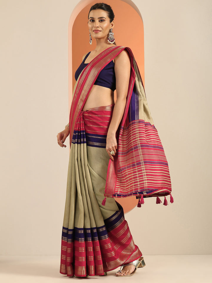 Beige Printed Silk Blend Saree With Unstitched Blouse Piece