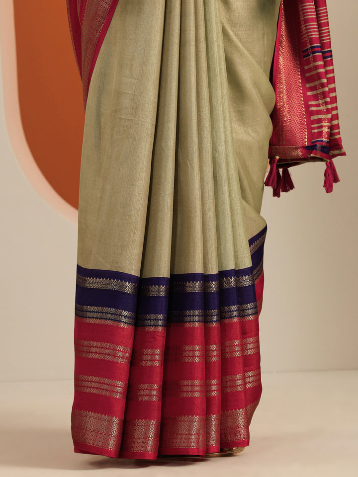 Beige Printed Silk Blend Saree With Unstitched Blouse Piece