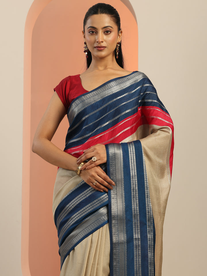 Beige Printed Silk Blend Saree With Unstitched Blouse Piece