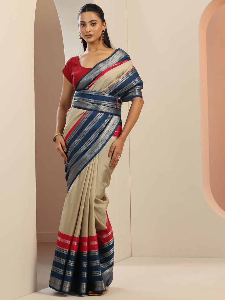 Beige Printed Silk Blend Saree With Unstitched Blouse Piece