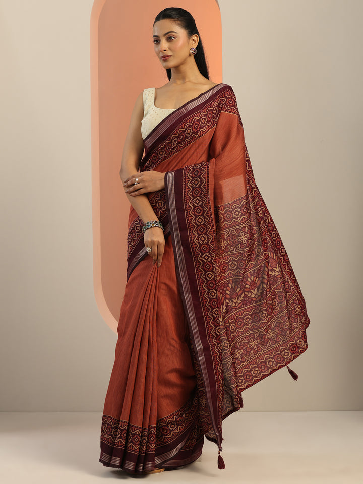 Rust Solid Silk Blend Saree With Unstitched Blouse Piece